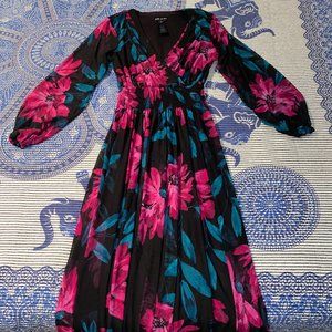 Floor Length Pink and Green Floral Patterned Long Sleeve Black Dress